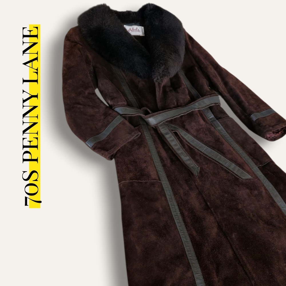 70s Vintage Penny Lane Suede & Shearling Fur Coat - Chocolate Brown (XS / S)